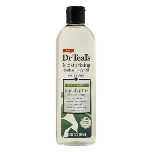 Dr Teal's Eucalyptus and Spearmint Body Oil 260ml bottle. relaxing body oil with essential oils for soothing dry skin and easing tension.