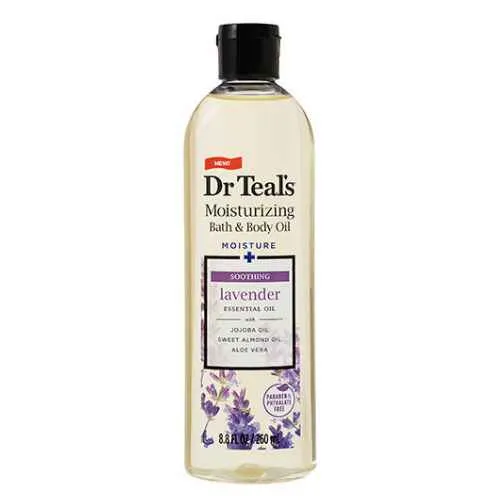 Dr Teal's Lavender Moisturizing Body Oil, 260ml hydrating oil with lavender essential oil for calming the body and deeply moisturizing the skin.