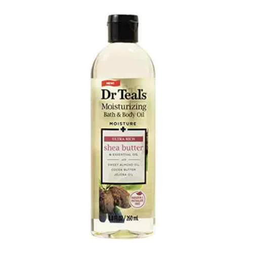 Dr Teal's Shea Butter and Almond Body Oil – 260ml moisturizing bath and body oil in a clear bottle, deeply hydrates and smoothens dry skin.