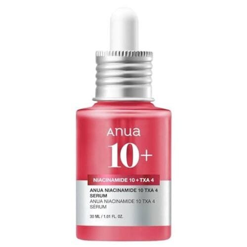 Anua Niacinamide Serum in red 30ml dropper bottle with 10% niacinamide and 4% tranexamic acid for brightening and tone correction