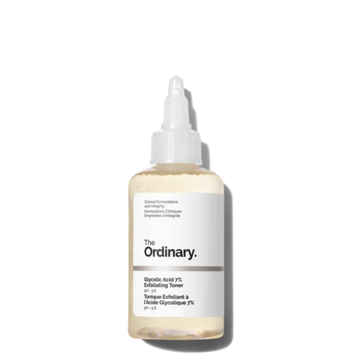 The Ordinary Glycolic Exfoliating Toner 240ml in amber bottle on a clear background. A 7% AHA toner that brightens and refines skin texture.