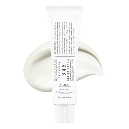 Dr-althea-relief-cream Dr Althea 345 Relief Cream 50ml in white tube on a paste of the cream itself on a white background. Calming cream with Centella and Ceramide for sensitive skin. Available in Benin City, Nigeria