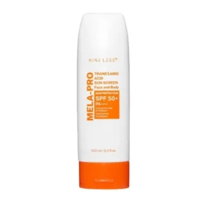 Nineless Tranexamic Acid Sunscreen 100ml in white tube with red cover, placed on a white background. Korean sunscreen for dark spots and uneven tone.