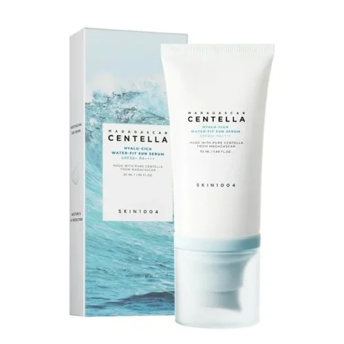 Skin1004 Sun Serum 50ml in minimal white and sky blue tube and pack, placed on a white background. Lightweight Korean SPF50+ sunscreen with Centella and Hyaluronic Acid.