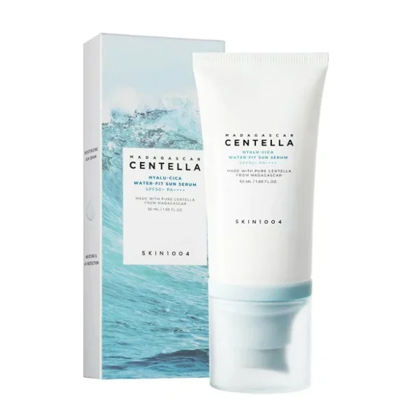 Skin10004 sun serum Skin1004 Sun Serum 50ml in minimal white and sky blue tube and pack, placed on a white background. Lightweight Korean SPF50+ sunscreen with Centella and Hyaluronic Acid.