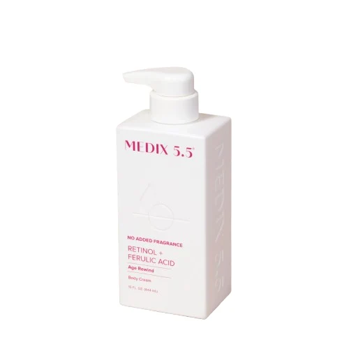Medix Retinol Body Cream Fragrance Free 444ml in white bottle with red letterings on a white background. Moisturizer with Ferulic Acid for rough, uneven skin.