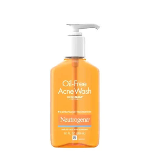 Neutrogena Oil Free Acne Wash 269ml in orange pump bottle, placed on a white background. Cleanser for oily and acne-prone skin, ideal for daily use in Nigerian weather.