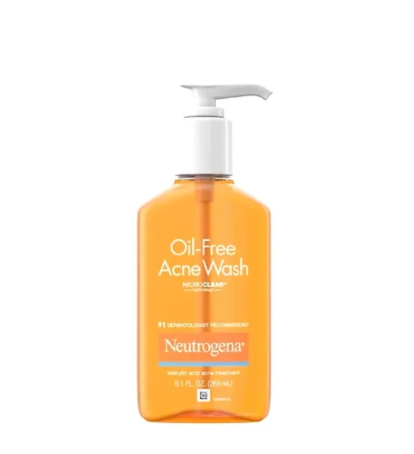 NEUTROGENA-OIL-FREE-ACNE-WASH-269ML Neutrogena Oil Free Acne Wash 269ml in orange pump bottle, placed on a white background. Cleanser for oily and acne-prone skin, ideal for daily use in Nigerian weather.