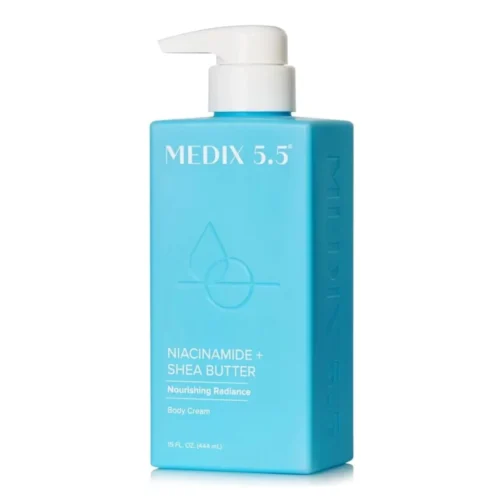 Medix Niacinamide Body Cream 444ml in white and blue bottle, placed on a white background. Body moisturizer for dry skin and uneven tone.
