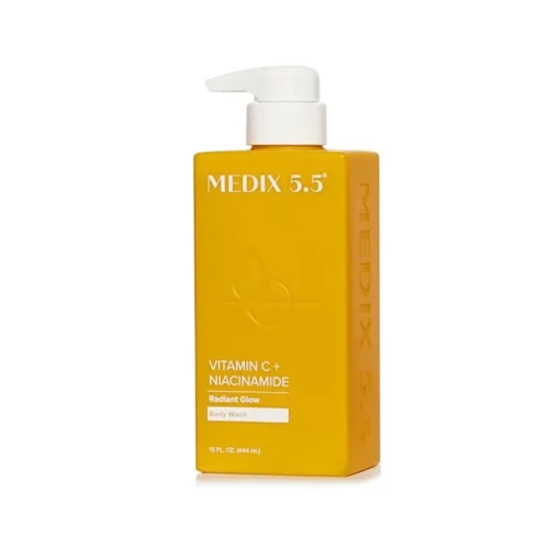 Medix Vitamin C Body Wash 444ml in orange and white bottle, placed on a white background. Brightening body wash with Niacinamide for dull, uneven skin.