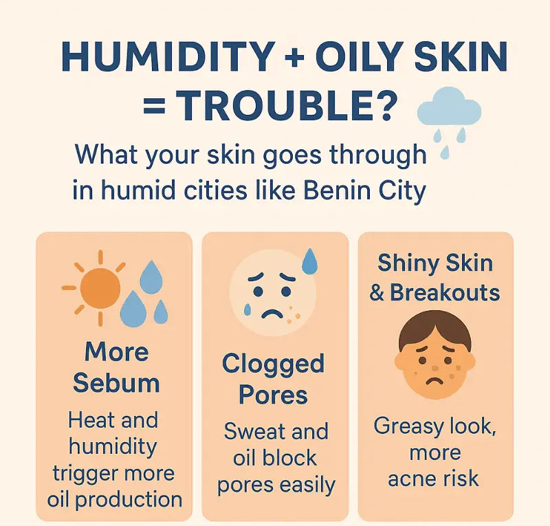 How to Manage Oily Skin in Benin City’s Humid Climate Infographic showing effects of humidity on oily skin — sebum, clogged pores, shine for oily skin in Benin City by ShopTESA Ng